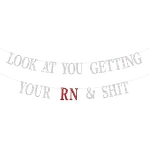 Congrats RN Banner, Congrats Grad/Future Nurse Hanging Sign, BSN/LPN/NP/FNP, Class of 2025 Nursing School Survivor Graduation Decorations Silver Glitter, 2 Pack