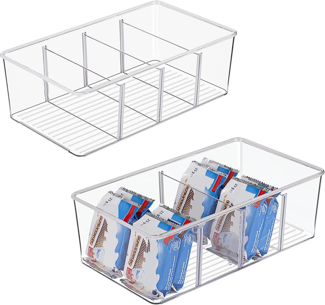2 Pack Food Storage Organizer Bins, Clear Plastic Bins for Pantry, Kitchen, Fridge, Cabinet Organization and Storage, 4 Compartment Holder Packets, Snacks, Pouches, Spice Packets