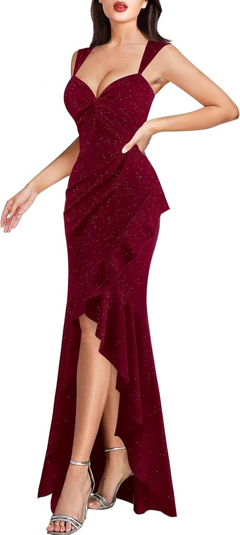 VFSHOW Womens Glitter Sweetheart V Neck Twist Front Backless Ruched Ruffle Slit Formal Evening Gown Maxi Dress (3X-Large, Sparkly Dark Red)