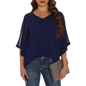 GUANYY Women Summer Casual V-Neck 3/4 Sleeve Chiffon Blouses Loose Tunic Long Flowy Sheer Dressy Tops Navy Blue Medium (Blue, M)