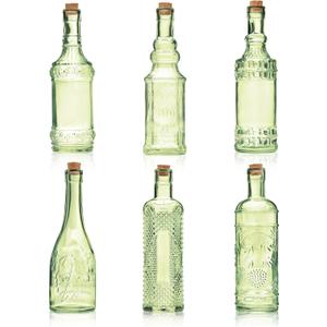 Assorted Green Glass Bottles with Corks, 6 Pack, 2.5in X 9in, 16oz (Green)