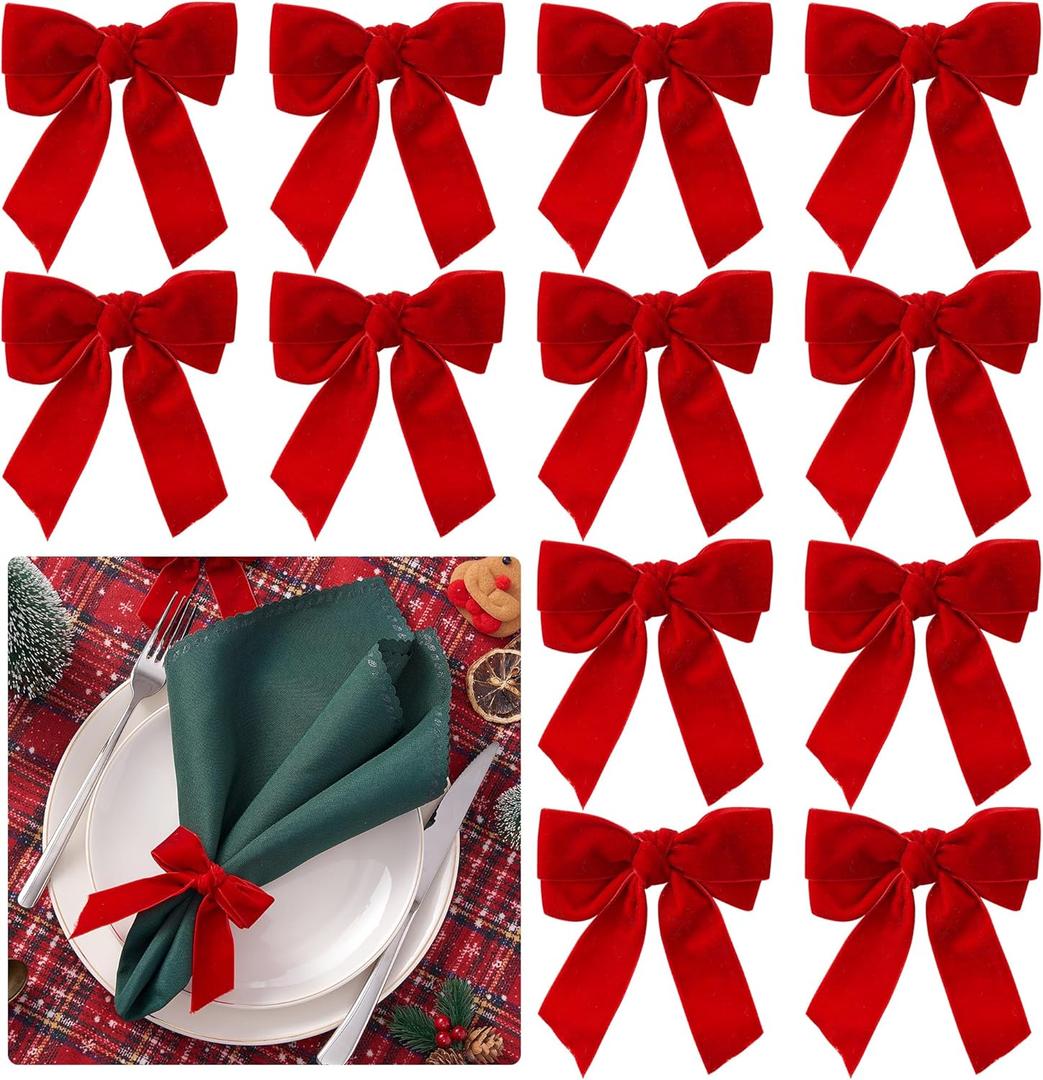 APTWOW Christmas Napkin Rings Set of 12 - Red Bow Velvet Napkin Holders, Chic Xmas Holiday Napkin Rings for Birthday Party, Anniversary Dinner, and Wedding Table Decorations