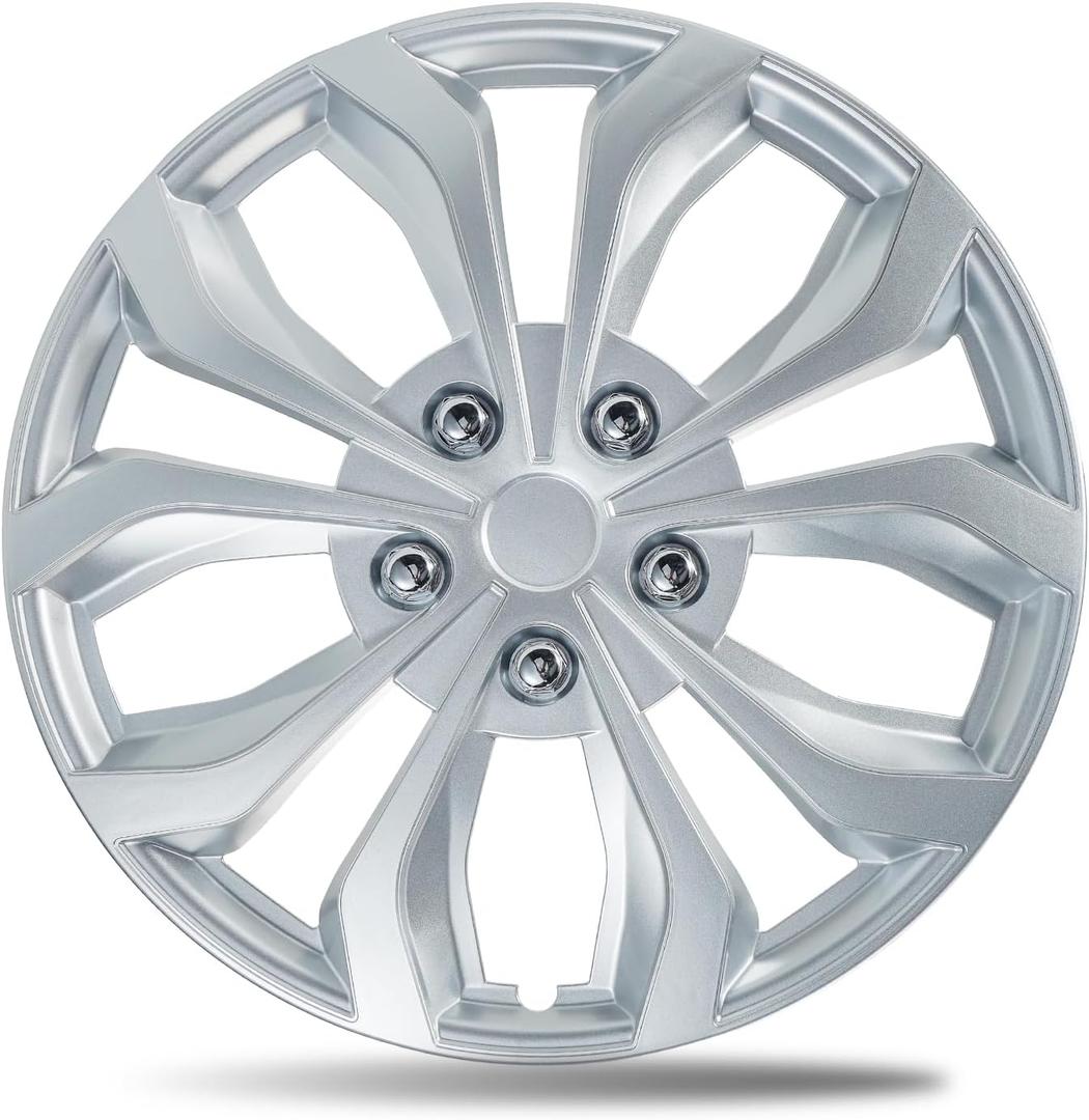14 Inch Gloss Silver Universal Wheel Covers Hubcaps for Steel Wheels, Set of 4, Adjustable Snap-On Design for Most Sedans, SUVs, Trucks & Vans, Tool-Free Install