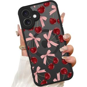 ZIYE Magnetic Case for iPhone 16 Plus 6.7 Inch [Compatible with MagSafe] Hard PC and Soft TPU Case with Cherry Pink Bows Anti-Scratch Shockproof Protection Phone Cover for Women