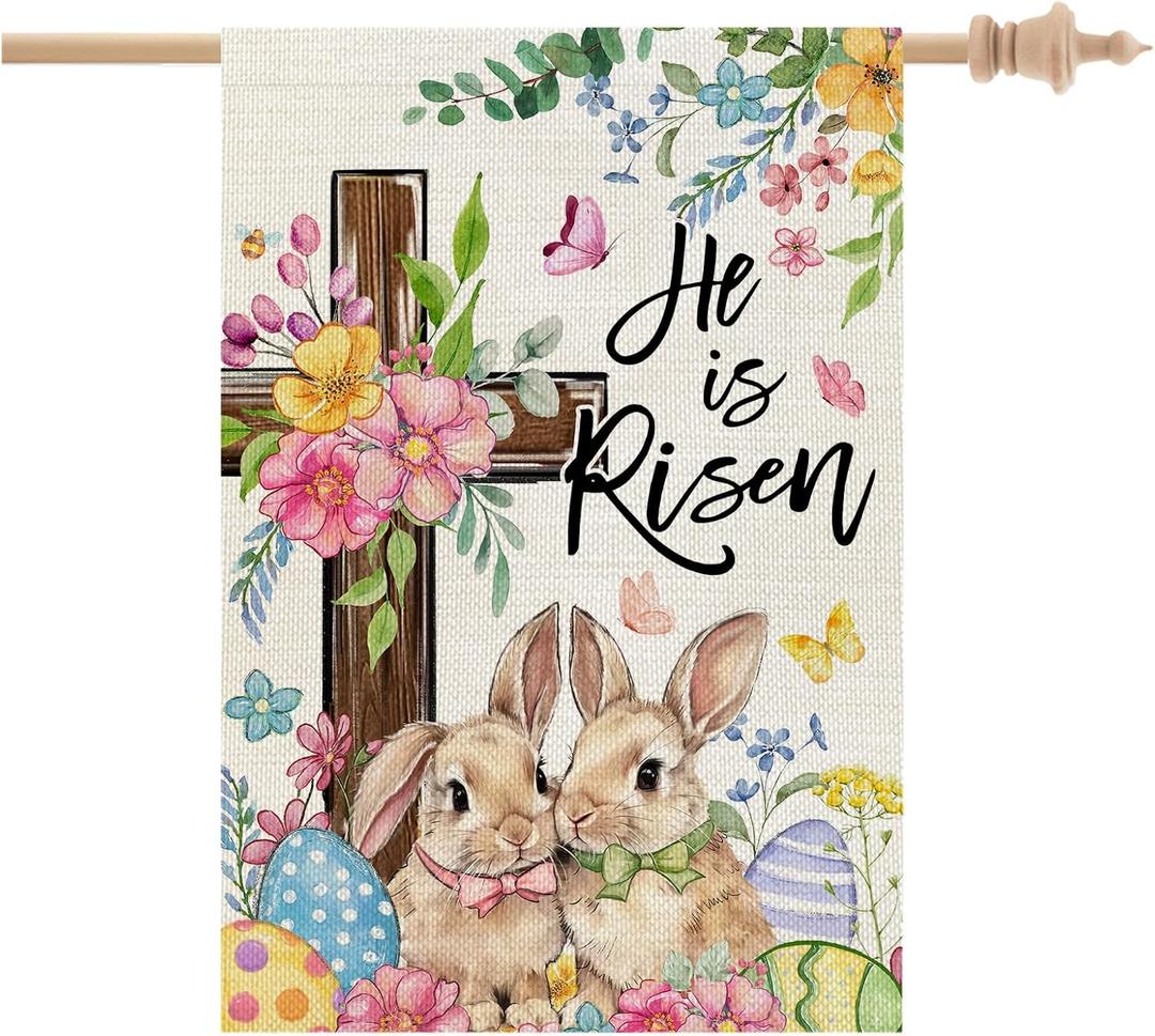 CROWNED BEAUTY Easter House Flag Cross Bunny 28x40 Inch Double Sided Large Holiday Welcome Decoration for Outside Yard
