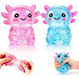 2PCS Axolotl Squishy Glitter Stress Relief Toy, Stretchy Axolotls Stress Ball, Soft Squeeze Sensory Fidget Toys for Kids Adults, Cute Axolotls Squishies Party Favors Classroom Birthday Gifts
