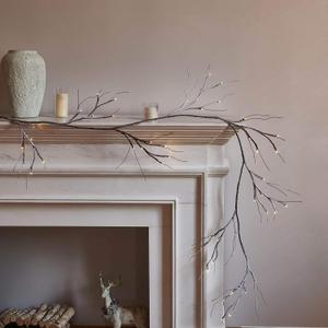 Hairui Lighted Garland Snow Flocked with Timer 6FT 48 LED Battery Operated Pre-lit Twig Vine Firepalce Mantle Table Winter Christmas Decoration Indoor Outdoor