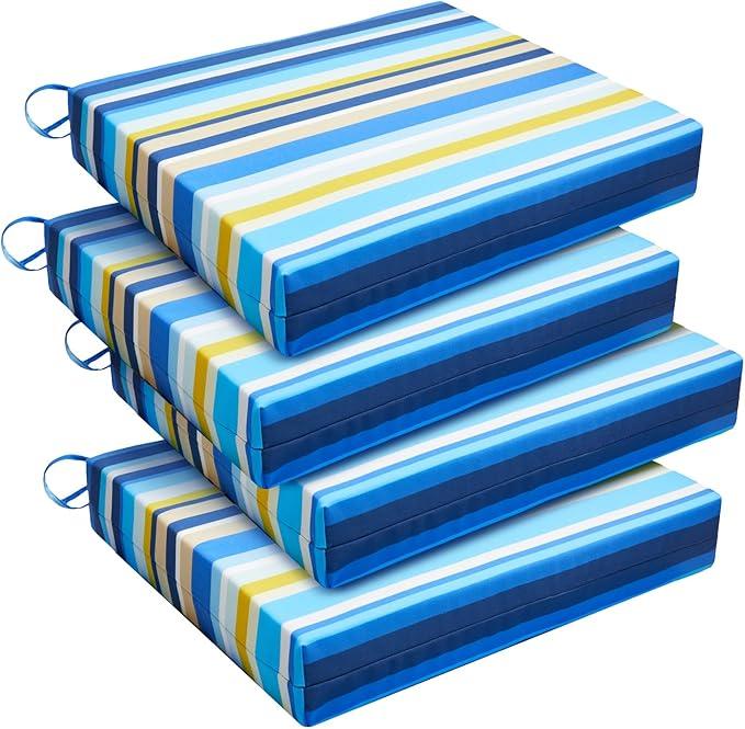 downluxe Outdoor Chair Cushions Set of 4 for Patio Furniture, Water-Resistant Square Corner Patio Chair Cushions with Ties, High Density Foam Outdoor Seat Cushion, 18.5" X 16" X 3", Blue Stripes
