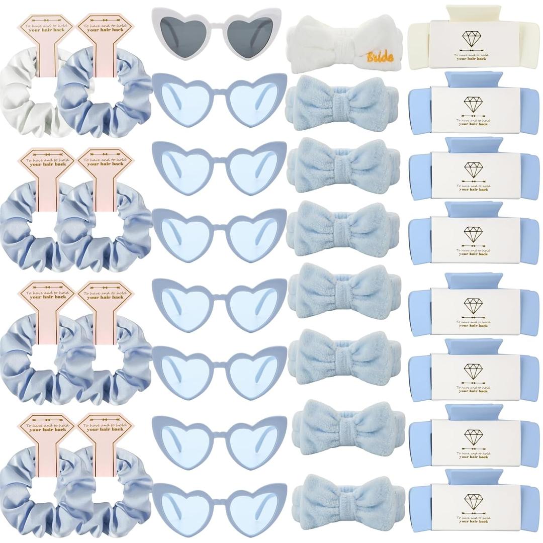 Bridesmaid Scrunchies Proposal Hair claws clips Set of 12 Bridal Shower heart sunglasses Gifts for Wedding Bachelorette Party Favors (32pcs White&Dusty Blue)