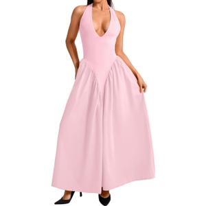 ChiaoLezhee Deep V Neck Dress, Halter Maxi Dresses, Vacation Date Night, Sexy for Women Corset Flowy Wedding Guest Drop Waist, S
