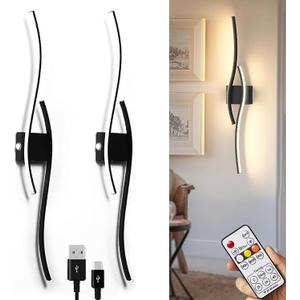Battery Operated Wall Sconce Set of 2, Modern Wireless Sconces with Remote, Black Rechargeable Wall Lights Dimmable Battery Cordless Wall Sconces for Bedroom Living Room Hallway Timing(39.4 Inch)