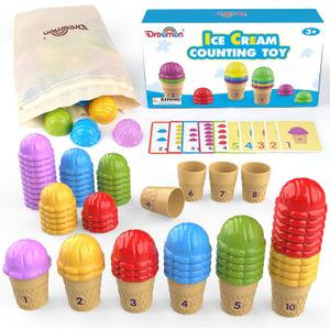 Ice Cream Color Sorting Toys for Toddlers, Montessori Counting Pretend Play Toys - 76 Pieces, Early Math Manipulatives Learning Toys with 10 Educational Number Cards for Preschool Kids (Number)