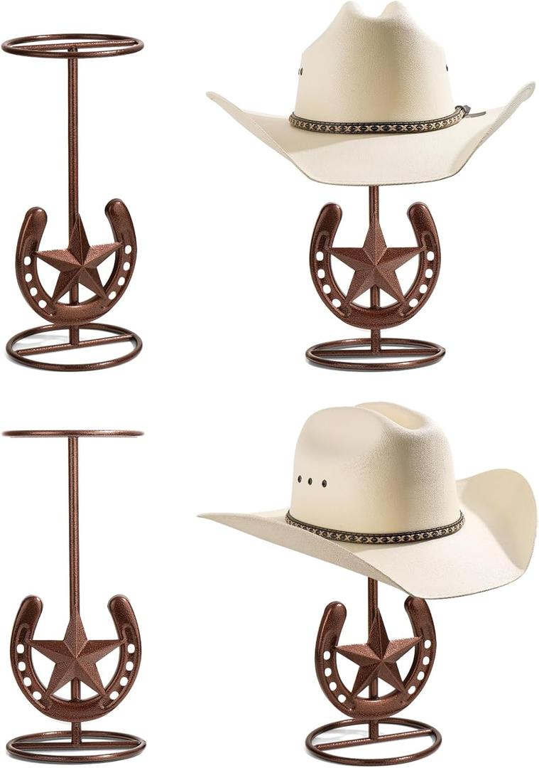 Cowboy Hat Stand, Tabletop Hat Display, Western Desk Decor, Horseshoe Hat Stand for Multiple Hats, Texas Holder Rack, Cowboys Gifts for Men, Western Decor for Home, Metal, Bronze, 4 Packs