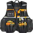Tool Vest, Multi-Pocket Work Vest with Reflective Strips, Oxford Fabric Construction, Black and Yellow