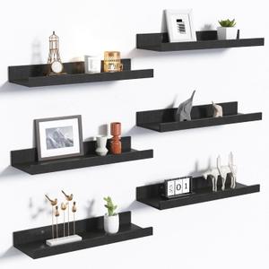 Upsimples Floating Shelves for Wall, Wall Shelves for Decor Storage Set of 6, Wall Mounted Wood Shelf for Bedroom, Living Room, Bathroom, Kitchen, Picture Ledge Shelf, Black (15.7in)