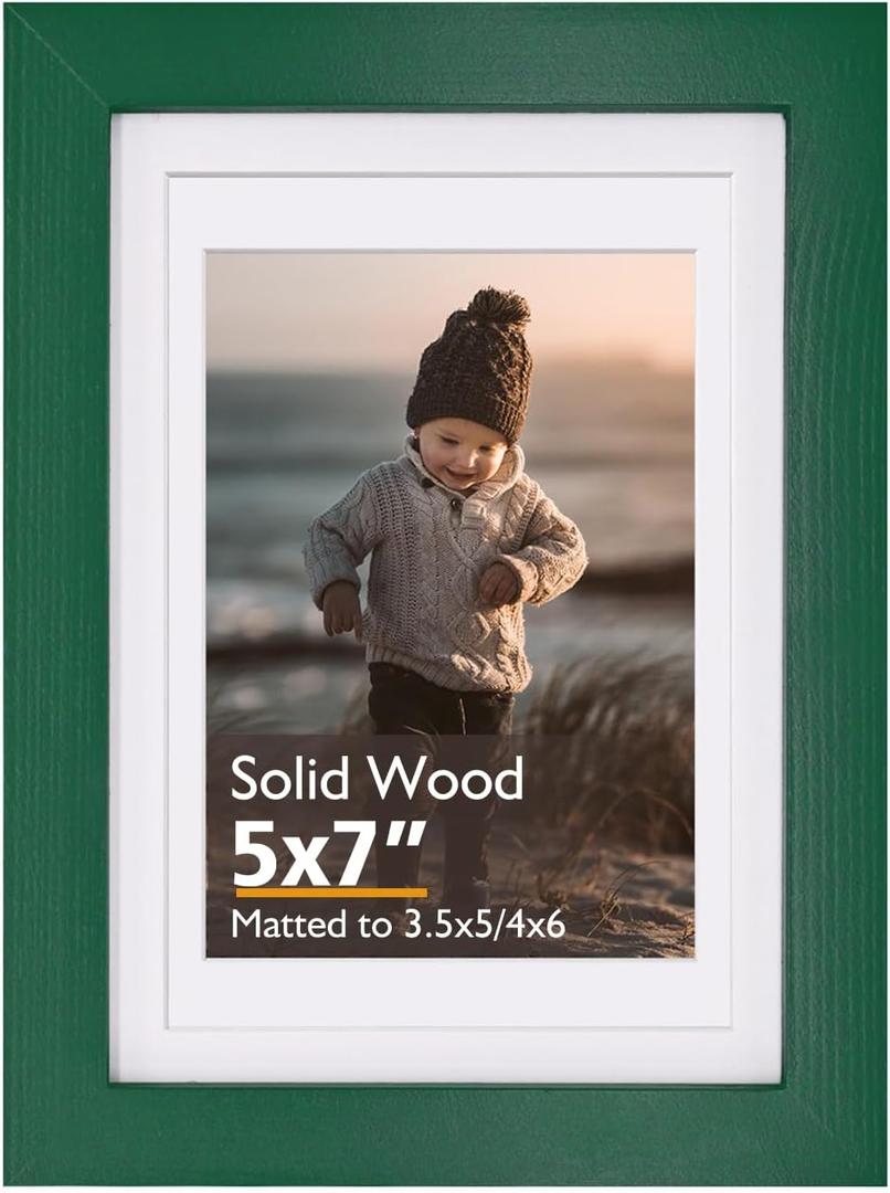 KINLINK 5x7 Picture Frame Green, Solid Wood Frame 5x7 with Acrylic Plexiglass for Pictures 4x6 With Mat,Tabletop and Wall Display, 5 x 7 Picture Frame Set of 1