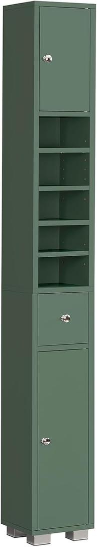 TEENFON Bathroom Cabinet, Narrow Bathroom Storage Cabinet with 5 Adjustable Shelves & Drawer, Freestanding Cupboard for Small Spaces, Green, 8"D x 8"W x 71"H