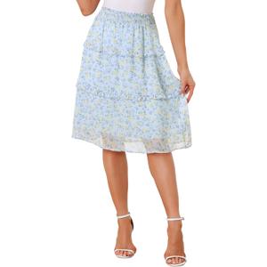 Allegra K Women's Floral Skirts Summer Chiffon Smocked Elastic Waist A-Line Below Knee Length Ruffle Tiered Skirt (Medium, Light Blue)