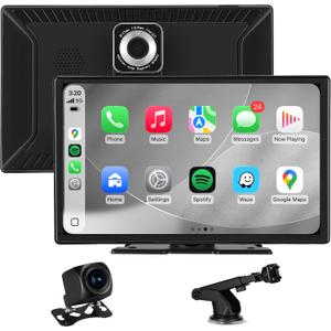 9'' Wireless CarPlay Screen for Car, Apple Car Play & Android Auto Car Stereo HD Touchscreen with 4K Dash Cam & 1080P Backup Camera, GPS Navigation & Mirror Link, for Most Vehicles