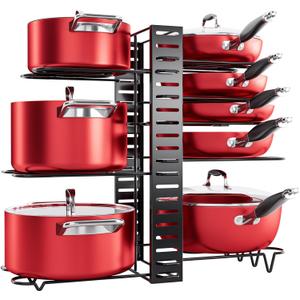 MUDEELA 8-Tier Pots and Pans Organizer under Cabinet, 16.61" Height Light Duty Pot and Pan Organizer Kitchen Cabinet Organization and Storage, Adjustable Pot Rack with 3 DIY Methods for Lids, Bakeware