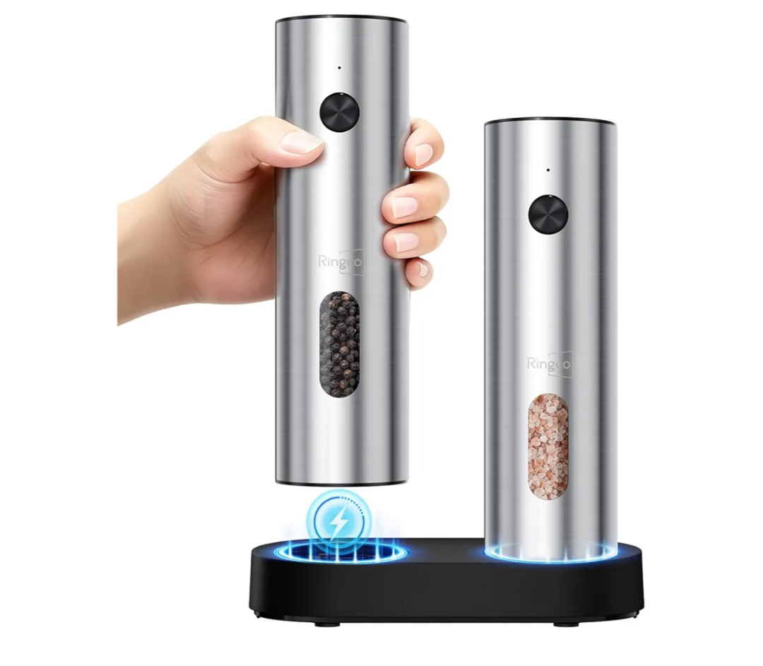 Ringco Electric Salt and Pepper Grinder Set with Charging Base, Rechargeable Salt and Pepper Mill with Adjustable Coarseness, LED Light, 110ml Large Capacity for Kitchen, Outdoors, Gifts for Women