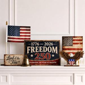 GlikCeil 6 Pcs 250th Anniversary America Table Decorations Vintage Patriotic Wood Table Centerpiece Rustic 1776-2026 USA Signs Eagle Figurine Mini USA Flag Liberty Bell for 4th of July Home Decor
