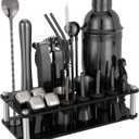 23 Piece Cocktail Shaker Set Bartender Kit with Acrylic Stand & Cocktail Recipes Booklet, Professional Bar Tools for Drink Mixing, Home, Bar, Party (Include 4 Whiskey Stones) - Black