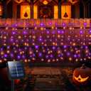 Purple Orange Solar Halloween Curtain Lights Outdoor 300 LED 19.6ft(L) x3.3ft(H) Vertically Extra Length Lights Curtain 8 Versatile Modes Waterproof for Halloween Holiday Decoration Fence Yard Garden