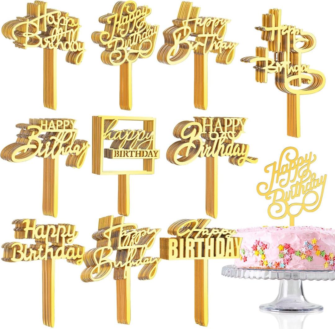 150 Pcs Happy Birthday Cake Toppers Acrylic Cake Topper Glitter Birthday Cake Decorations Double Sided for Adults Various Cake Decoration Party Supplies(Gold,Brief)