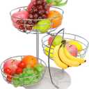 Livabber Fruit Basket Bowl with Banana Hanger, Metal Fruit Vegetable Storage Basket with Banana Holder for Kitchen Counter, Detachable Organizer for Bread Snack Produce (Chrome, 3-Tier Marble Base)