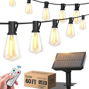 Stright 60FT Solar String Lights Outdoor Weatherproof with Remote, Solar Powered LED Edison Bulb 15 Sockets Outdoor String Lights for Outside Patio Backyard Fence Halloween Christmas Decorations