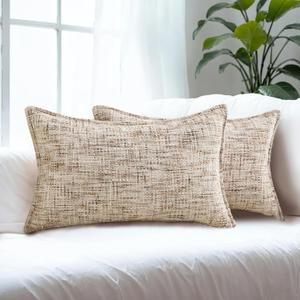 HAUSSY Pack of 2 Chenille Tweed Throw Pillow Covers 12x20 Inch,Beige Brown | Textured Decorative Lumbar Pillowcases, Velvet Back, Machine Washable, Couch Bed Sofa Living Room Home Decor, No Insert