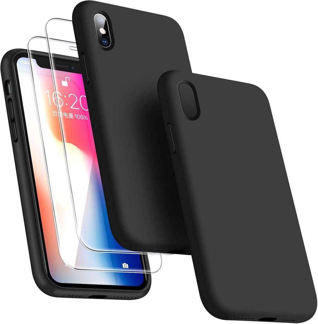 Dssairo [3 in 1 for iPhone x Case/iPhone Xs case, with 2 Pack Screen Protector, Liquid Silicone Slim Shockproof Protective Phone Case 5.8 inch [Microfiber Lining] (Black)