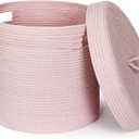 Storage Basket with Lid, Woven Blanket Storage for Living Room, Soft Cotton Rope Bin with Lid, Round Wicker Laundry Basket with Cover, Lidded Kid Dog Toy Box, Nursery Organizer, 15"x13", Pink, Large