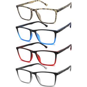 1.75 Reading Glasses for Men Blue Light Blocking 4 Pack, Wide Computer Readers for Men with Spring Hinge Reduce Eyestrain/UV/Dryness, Square Large Trendy Eyeglasses 1.75+ (4 Mixed Colors)