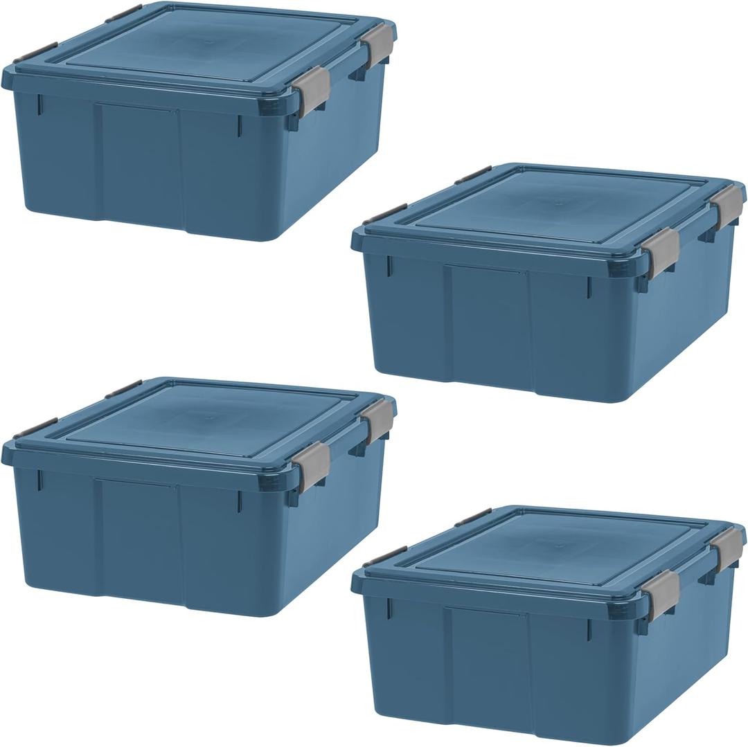 IRIS USA WeatherPro 31 Qt Eco-Friendly Storage Bins with Lids, 4 Pack, BPA-Free Plastic Gasket Box with Tight Latch and Seal, Stackable Nestable Tote Tub - Navy