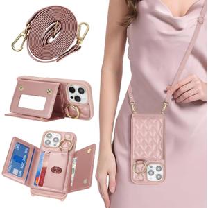 for iPhone 16 Pro Max Case with Card Holder and Strap for Women,Crossbody Lanyard, Make Up Mirror,Ring Stand,Snap Clasp,Cute Phone Wallet Cases 6.9 inch - Dark Rose Gold