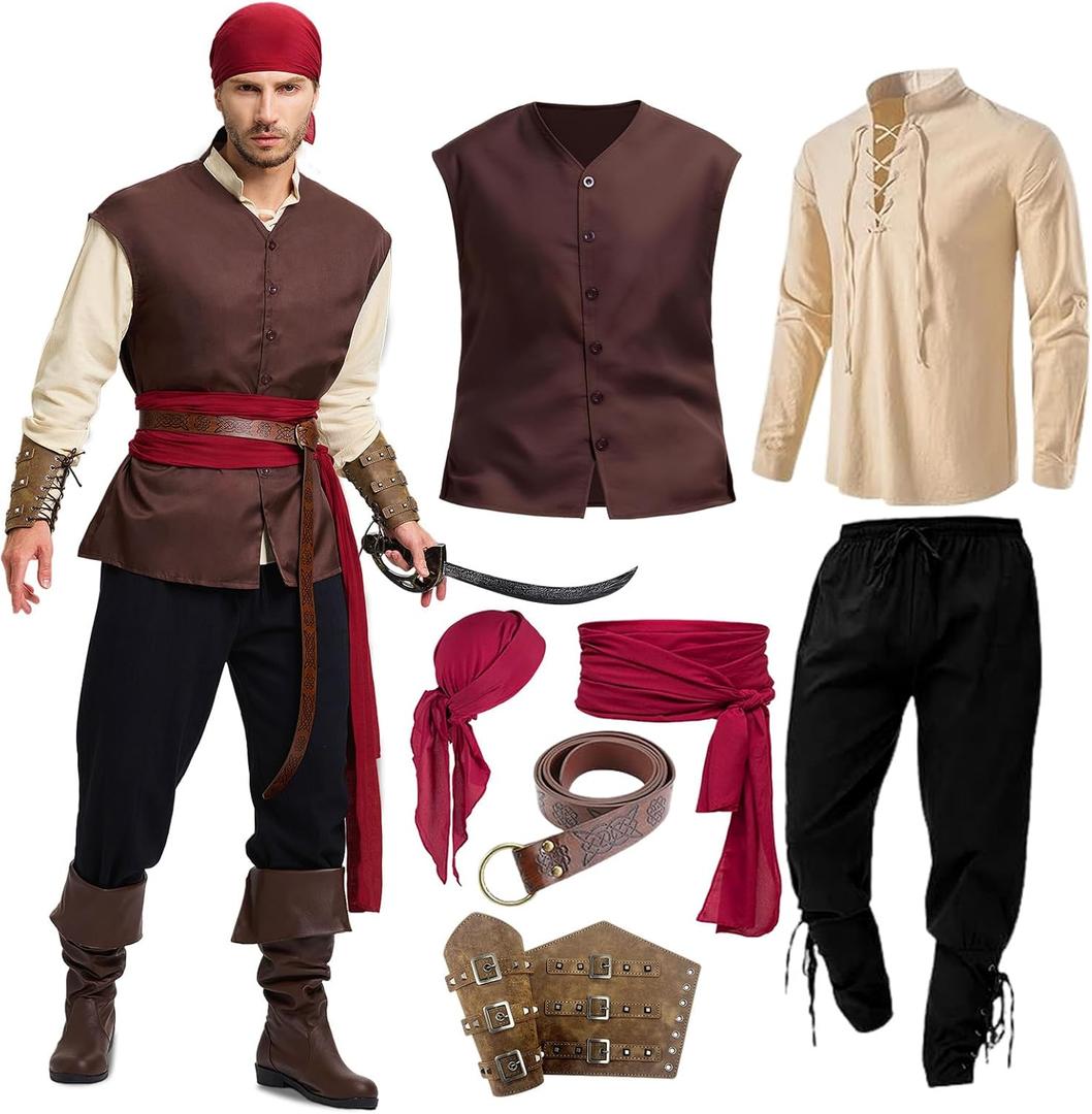 7PCS Mens Pirate Costume Renaissance Costume Outfit Medieval Costume Viking Pirate Accessories Vest Shirts Pants Belt