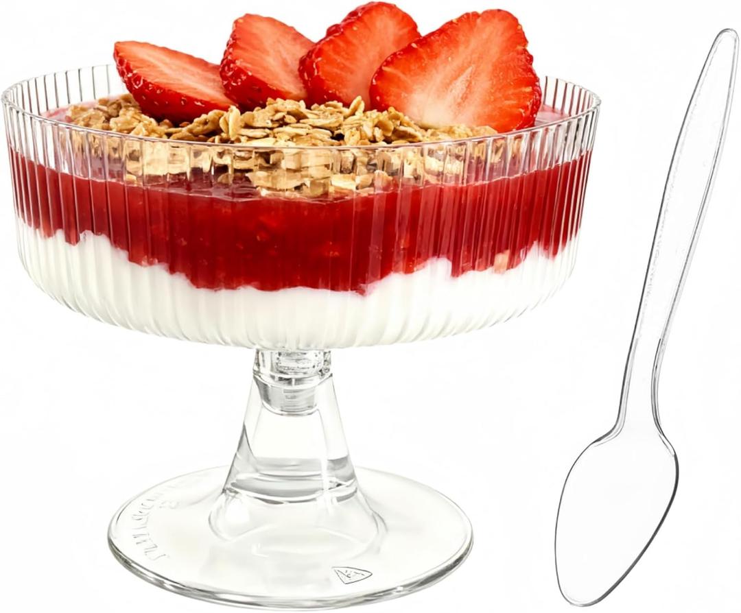 40 Pack 6.8 oz Clear Ribbed Dessert Cups with Spoons, Ice Cream Bowl with Retro Stripes, Mini Dessert Shooter for Pudding Fruit, Elegant Parfait/Sundae Bowls for Christmas Party & Home Use