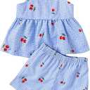 Toddler Girl's 2 Piece Cute Summer Outfits Plaid Cherry Camisole Top and Shorts Vacation Matching Set (4T, Light Blue)