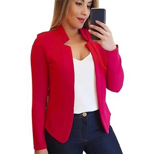 BOFETA Women Business Casual Cropped Blazer Jacket Open Front Cotton Solid Color Cardigan Red XS
