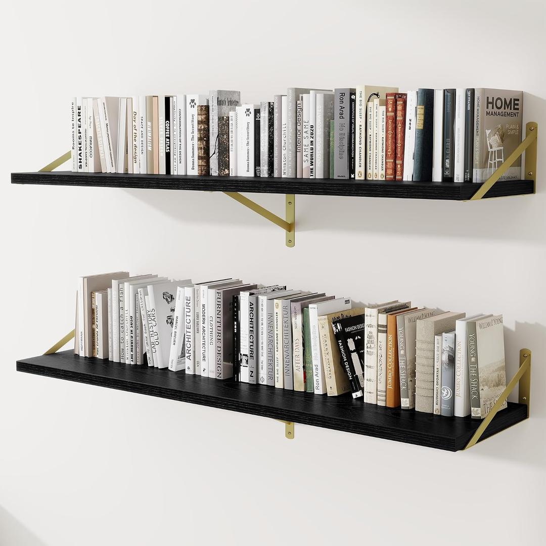 Deep Wall Shelves 55"W x 12"D Engineered Wood Floating Shelves for Wall, Sturdy Metal Bracket(Gold) Bookshelves Home Decor Storage for Living Room Bedroom Bathroom Kitchen, Set of 2, Black Finish