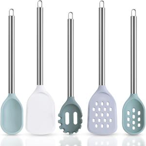 5-Piece Silicone Kitchen Utensils Set Non Toxic, Heat-Resistant & Non-Stick with Stainless Steel Handles, BPA-Free Silicone Cooking Utensils, Slotted Turner, Solid Spoon, Pasta Server, Dishwasher Safe