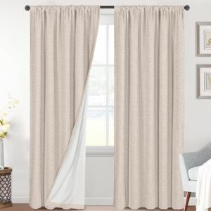 H.VERSAILTEX Linen Look 100% Blackout Curtains 95 Inches Long for Bedroom Full Light Blocking Rod Pocket Linen Textured Thick Window Curtain Drapes with White Backing, Natural, 2 Panels