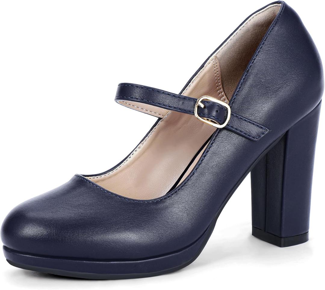 IDIFU IN4 Mary Jane Shoes Closed Toe Heels Platform High Chunky Block Heels Women's Pumps Comfortable Dress Shoes for Women Wedding Bridal Work Fashion Round Toe Pumps Shoes (9.5, Navy Blue Pu)