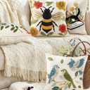 Embroidered Throw Pillow Cover 18x18 Inch - Spring Boho Decorative Animal Pillow Covers with Zipper for Couch Sofa Bedroom Living Room Cushion Pillowcase, Bee Floral