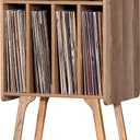 LELELINKY Record Player Stand,Vinyl Record Storage Table with 4 Cabinet Up to 100 Albums,Mid-Century Modern Turntable Stand with Wood Legs,Oak Grey Vinyl Holder Display Shelf for Bedroom Living Room