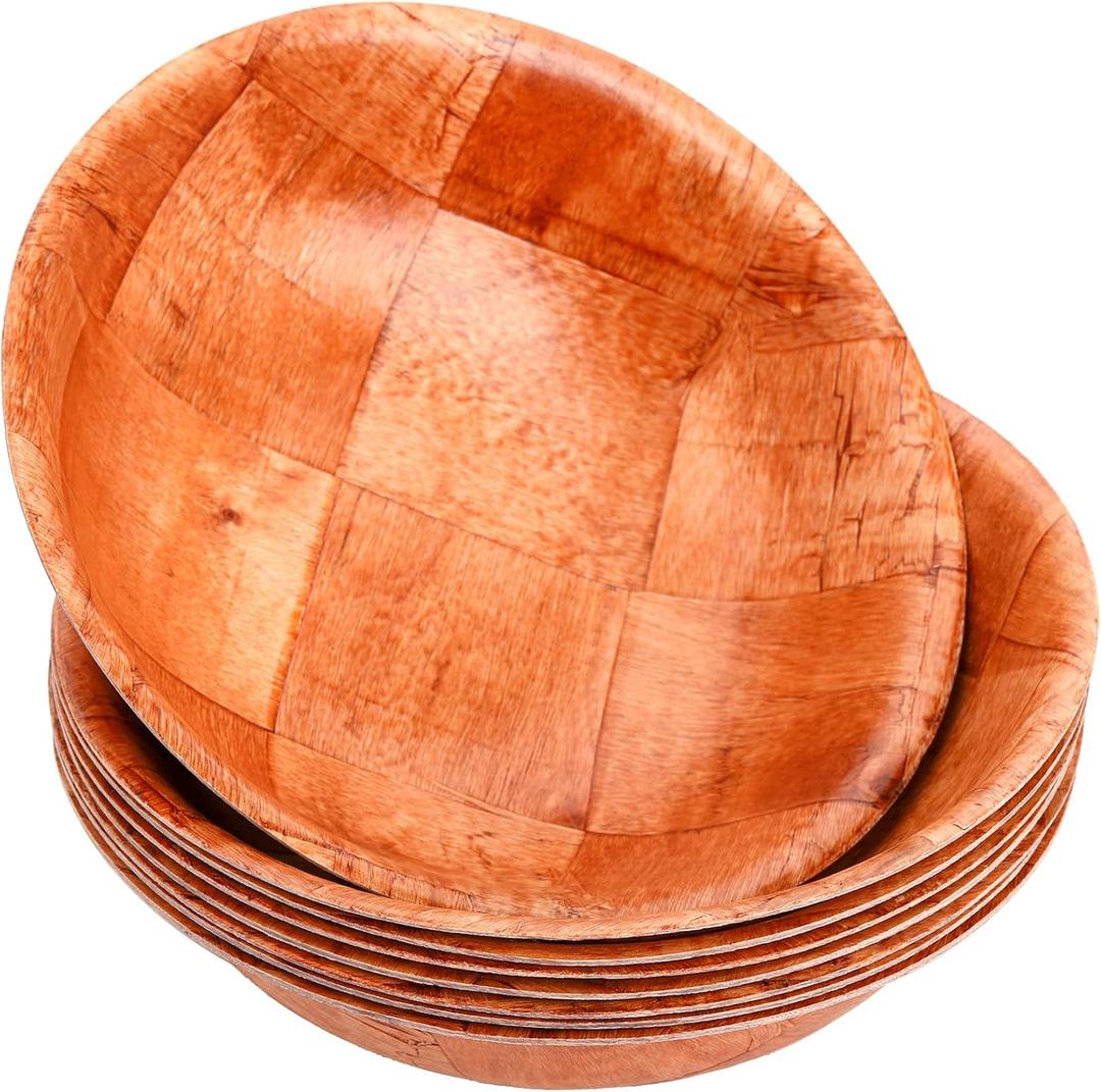 Elsjoy 8 Pack Wooden Woven Salad Bowl, 8 Inch Stackable Round Wood Serving Bowl, Rustic Mixing Bowl for Salad, Fruits, Vegetables, Natural Birch Wood