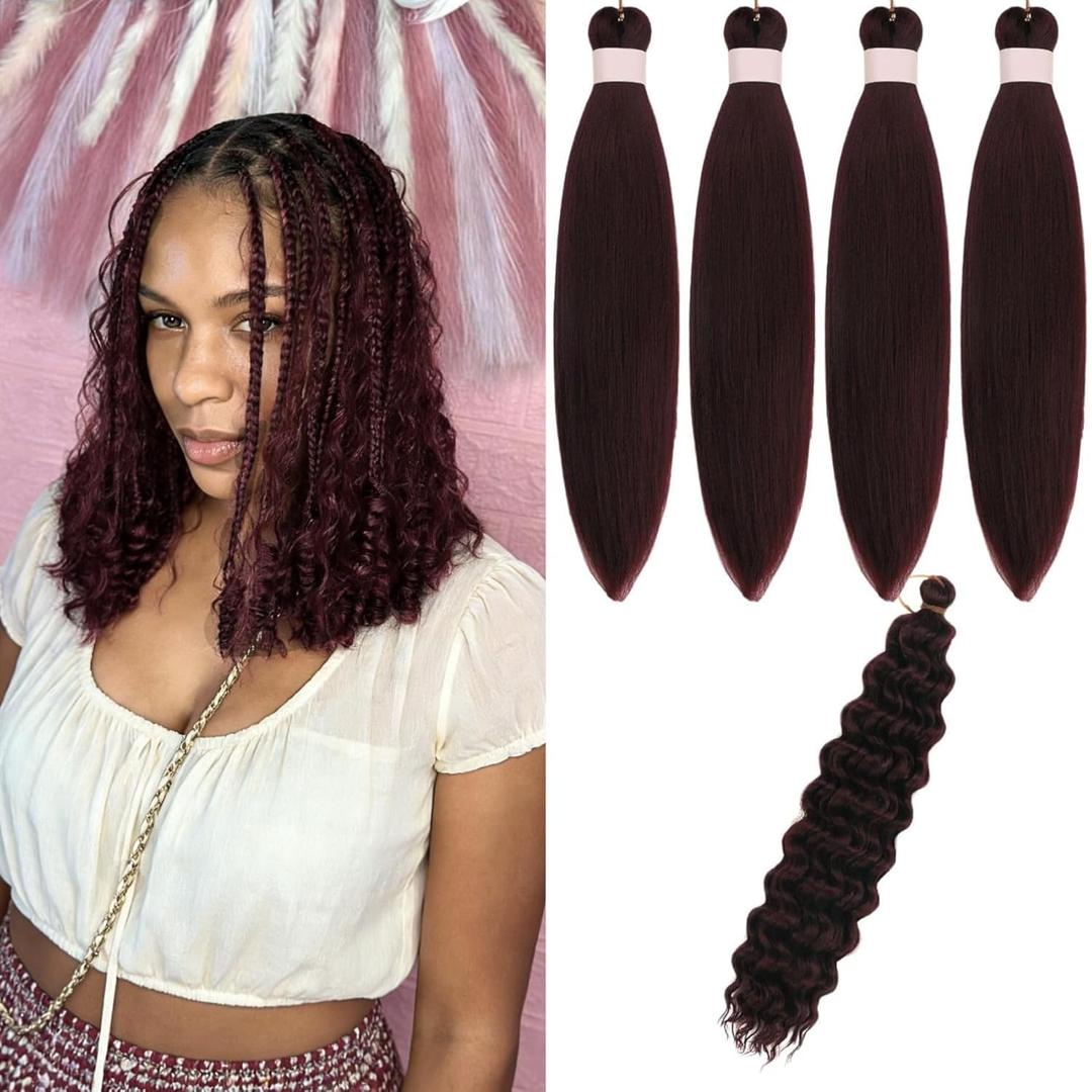 99J Braiding Hair Pre stretched for Bob Boho Braids Short Curly Boho Hair for Braiding Hypoallergenic Ez Braid Knotless Braids (16 Inch-Packs of 5, Dark Wine)