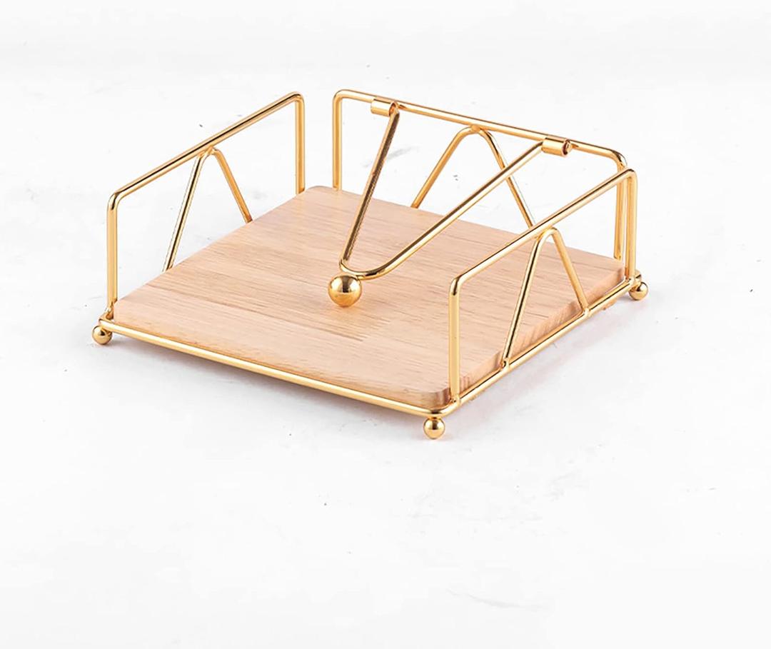 Flat Napkin Holder, Rustic Vintage Wood Napkin Dispenser, Metal Napkin Holder with Weighted Arm and Wood Base, Napkin Dispenser Tissue Holder for Kitchen Dinning Table Restaurants Countertop(Gold)